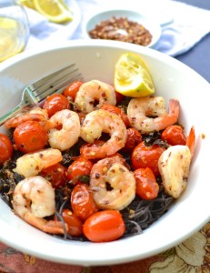 Roasted Cherry Tomatoes With Shrimp Over Black Bean Spaghetti The Every Kitchen